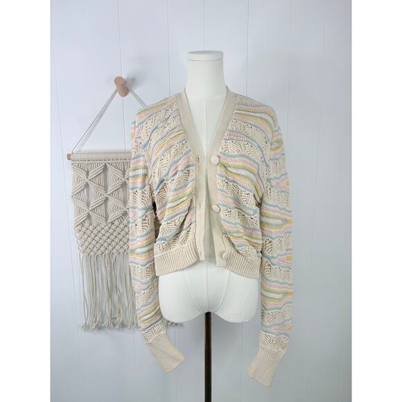 Zara Pastel Stripe Pointelle Knit Crochet Cardigan Sweater Mediuim - Picture 7 of 11